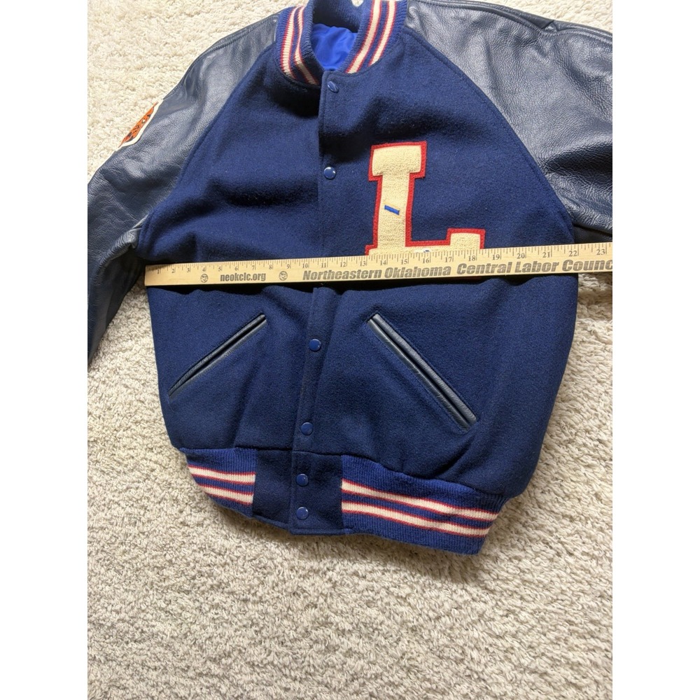 Vintage Letterman Tigers Liberty Navy Blue Wool Leather Jacket Men's Large - Picture 4 of 9